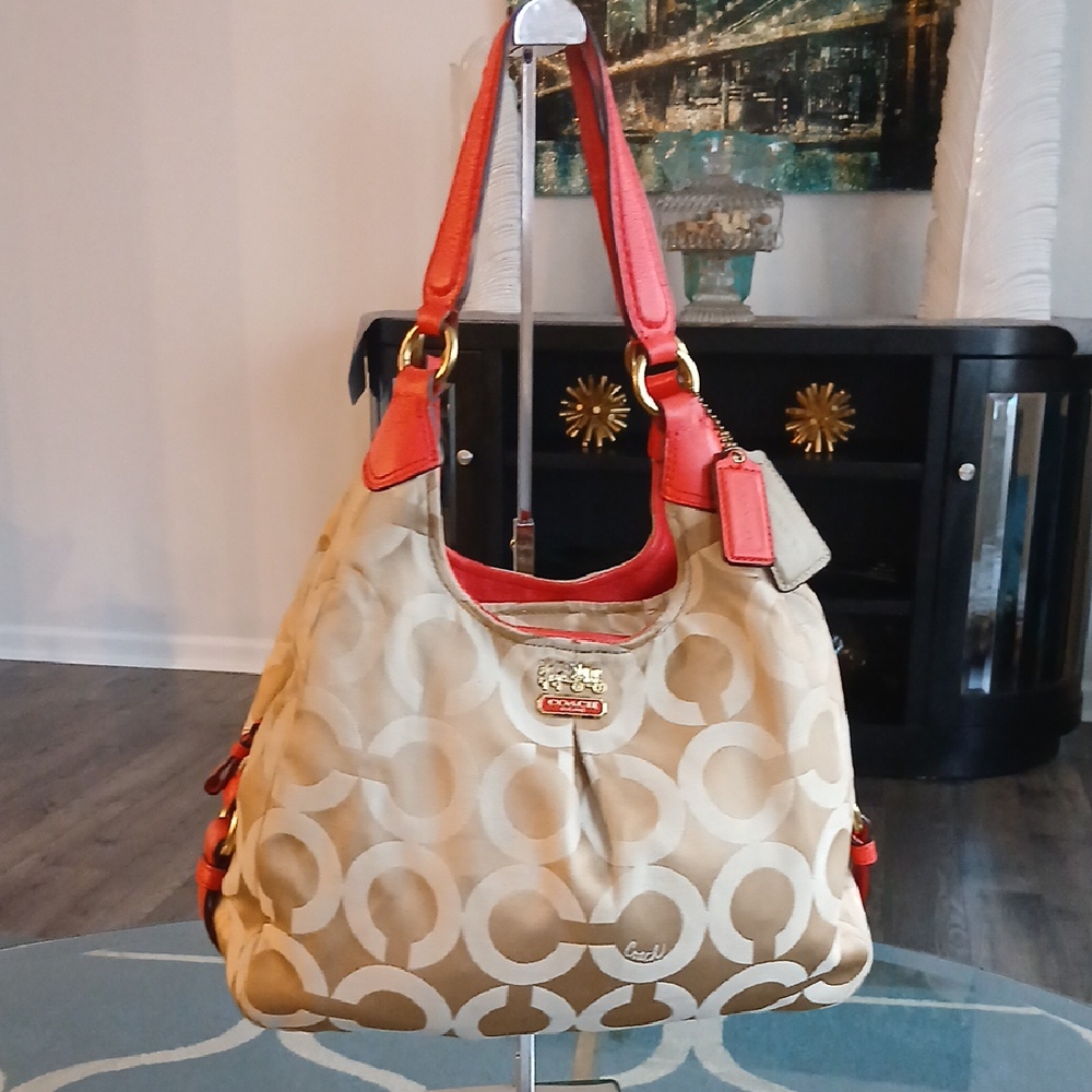 Coach Tan and Coral Signature Shoulder Bag
